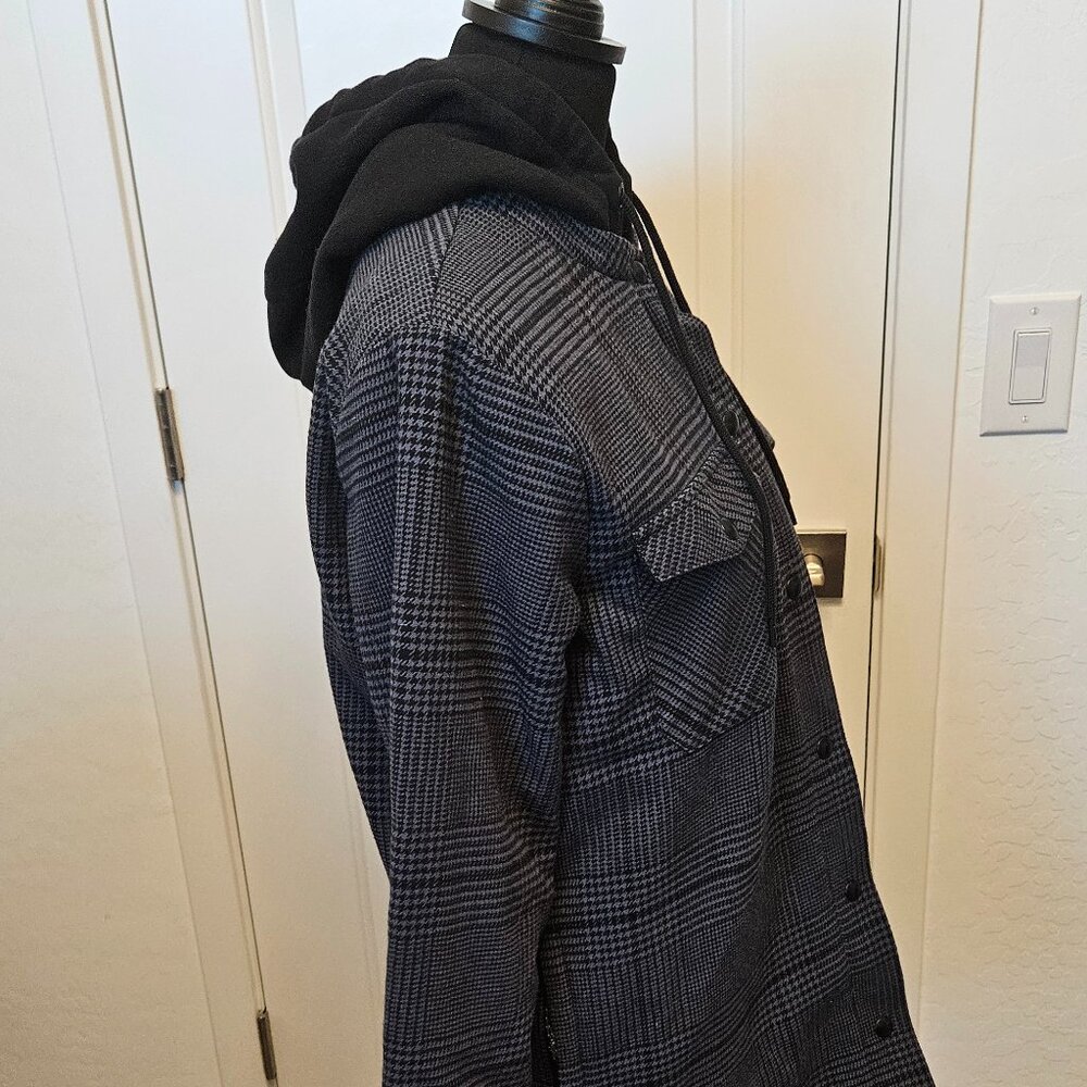 Volcom Hooded Flannel Shacket Plaid Shirt Jacket Size S Black Gray Insulated - Picture 5 of 16